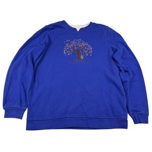 Breckenridge Cobalt Blue Sweatshirt‎ Grandma Sweater Small Tree Owl Red Birds